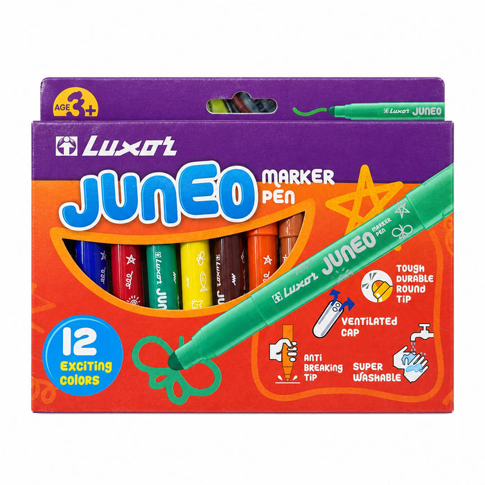 Luxor , Super washable Juneo Marker Pen With Durable Round Anti Breakig Tip, 12 Exiting Colors