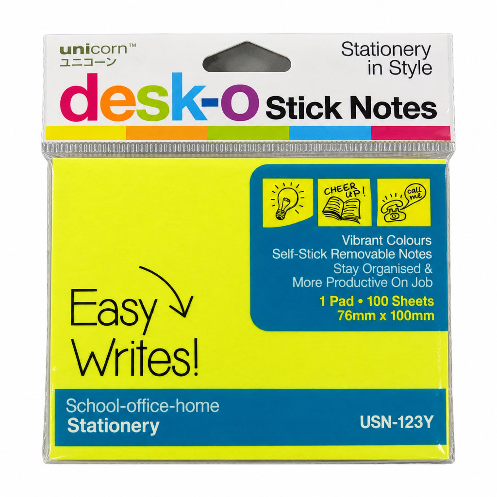 Unicorn: Desk-o Stick Notes 4x3" Yellow Colour, 100 Sheets, USN-123Y