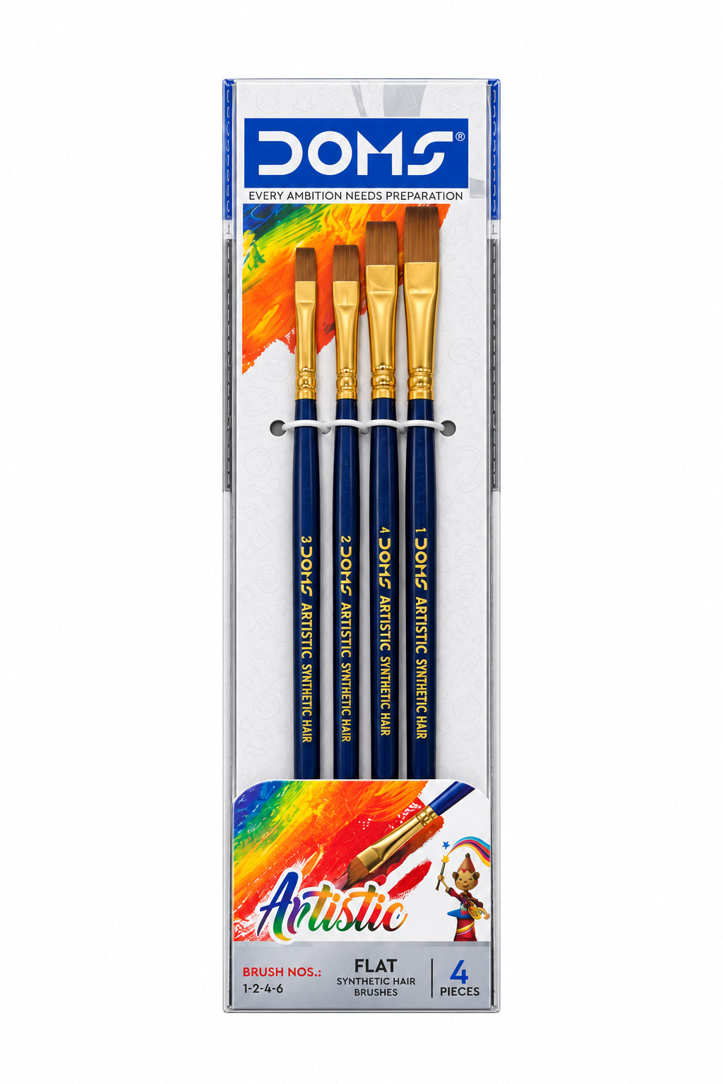 DOMS Artistic Synthetic Hair Brushes Flat 4pcs, Art No. 8063