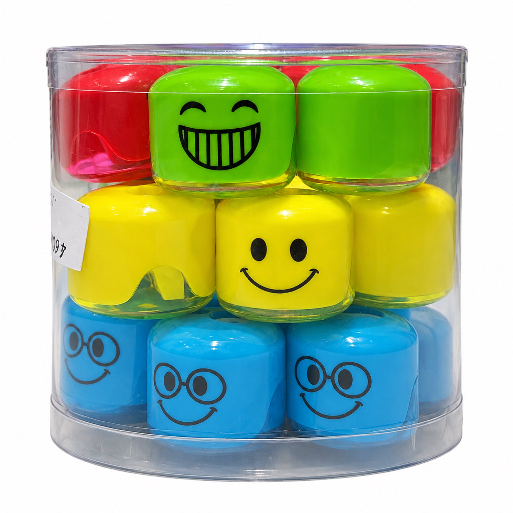 Pencil Sharpner Two Holes Shapener Assorted Colors Tube Shape with Emoji Faces